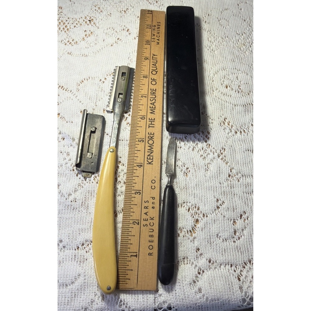 VINTAGE Durham Straight Shaver, 4 Xtra Blades Real Ebony Tool Early 1900's.